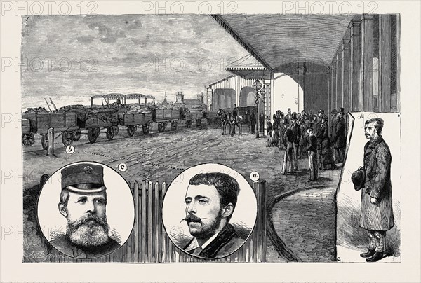 THE ATTEMPT ON THE LIFE OF THE QUEEN: SCENE AT WINDSOR RAILWAY STATION IMMEDIATELY BEFORE THE ATTACK: a. Roderick Maclean, from a Portrait; b. Dotted Line, Showing the Direction of the Shot; c. Superintendent Hayes; d. Sketch Portrait of the Prisoner