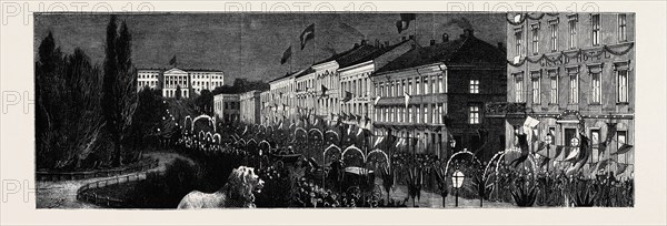 THE ROYAL SWEDISH MARRIAGE; RECEPTION OF THE CROWN PRINCE OF SWEDEN AND NORWAY AND HIS BRIDE AT CHRISTIANA: THE ROYAL PROCESSION RETURNING TO THE PALACE