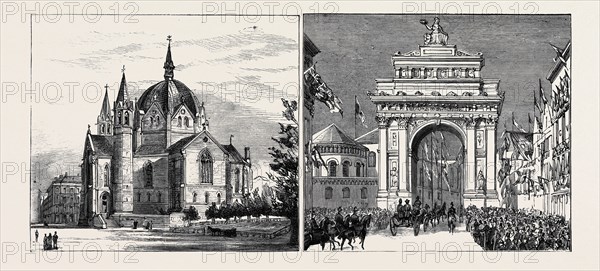THE ROYAL SWEDISH MARRIAGE; RECEPTION OF THE CROWN PRINCE OF SWEDEN AND NORWAY AND HIS BRIDE AT CHRISTIANA: THE CATHEDRAL OF THE TRINITY (LEFT), THE PROCESSION PASSING UNDER THE TRIUMPHAL ARCH IN CARL JOHAN STREET (RIGHT)