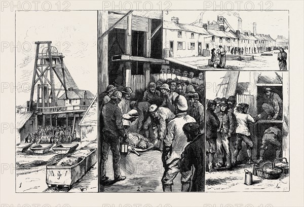 THE FATAL EXPLOSION AT TRIMDON COLLIERY, DURHAM: 1. The Gear at the Shaft-mouth; 2. Scene at the Pit-Head: Bringing up the Body of Deputy Thwaites; 3. Office Street; 4. Sending Provisions Down to the Exploring Party