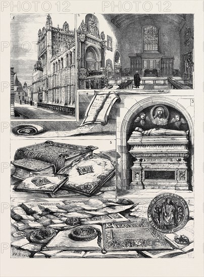 THE ROLLS' HOUSE AND PUBLIC RECORD OFFICE: 1. The New Record Office; 2. Interior of the Rolls Chapel, with Ancient Monuments to the Masters of the Rolls; 3. Monument to Dr. John Young, by Torrigiano; 4. The Queen's Coronation Oath; 5. Domesday Book; 6. The Golden Bull, Treaties of 1525-1527, Charter of Richard I.; 7. Golden Seal to Treaty of 1527