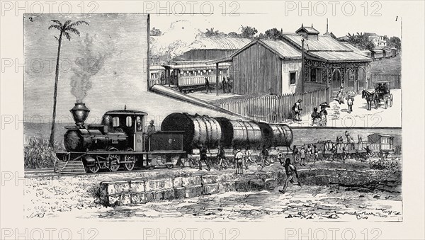 THE NEW RAILWAY AT BARBADOES, BRITISH WEST INDIES: 1. The Terminus at Bridgetown; 2. Arrival of the First Train at Carrington's Point