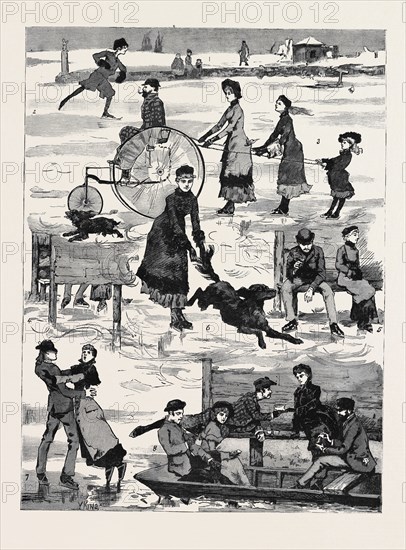 SKATING: 1. Faith, Hope, and Charity; 2. Stimulated by the Canadian Sketches, Skimmington adopts the "Marquis of Lorne" Style; 3. The Four in Hand; 4. Tell-tale Feet; 5. Right About Face; 6. Happy Dog; 7. An Ice Collision; 8. Cold Luncheon