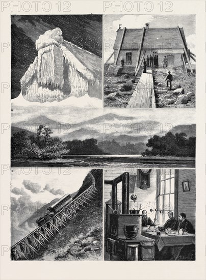 WEATHER FORECASTING IN THE UNITED STATES: 1. Exterior of the Meteorological Station on the Summit of Mount Washington, New Hampshire, in Winter; 2. The Same in Summer; 3. General View of the White Mountains and Mount Washington; 4. Railway to the Summit of Mount Washington; 5. Interior of Meteorological Station