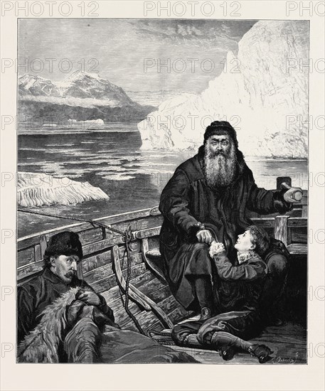 "THE LAST VOYAGE OF HENRY HUDSON" FROM THE PICTURE BY JOHN COLLIER; HENRY HUDSON, THE GREAT NAVIGATOR, MADE HIS LAST VOYAGE TO THE POLAR SEAS IN 1610. IN THE SUMMER OF 1611 HIS CREW MUTINIED AND SET HIM ADRIFT IN AN OPEN BOAT WITH HIS SON, JOHN HUDSON, AND SOME OF THE MOST INFIRM OF THE SAILORS. THEY WERE NEVER HEARD OF MORE.