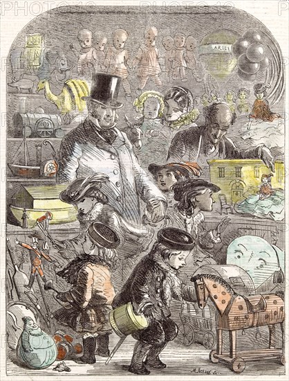 New Year's Gifts; The Toyshop; Jackson; children; 1860, I have been looking on, this evening, at a merry couple of children assembled round that pretty German toy. A Christmas tree, by Dickens; Wooden horse; dolls; air balloon; donkey; doll's house; elephant; pig; locomotive; steam boat; miniatures; cricket bat; top hat; topper;