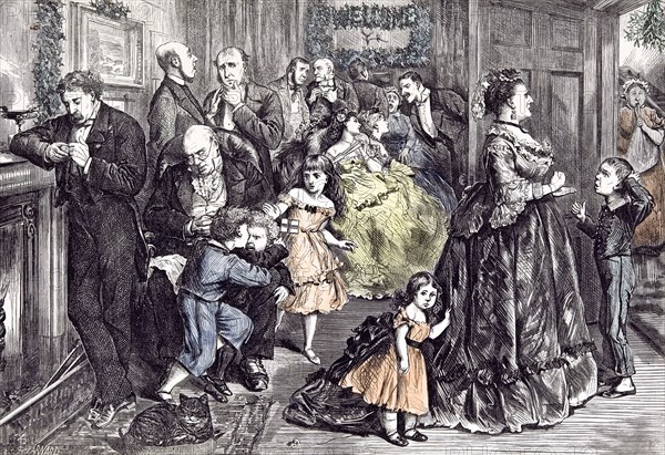 The Half Hour Before Dinner; Barnard; Children; 1871; England, playing; fighting; interior; at home; party; near the fire place; fashion; room; cat; strict; doubt; punishment; anger; aggression; mistletoe