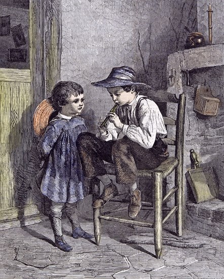 The Lesson on the flageolet; children; 1860, Playing wooden flute; wooden chair; stick; candle; candle holder; pot; round hat; dustpan; stable door; listening;