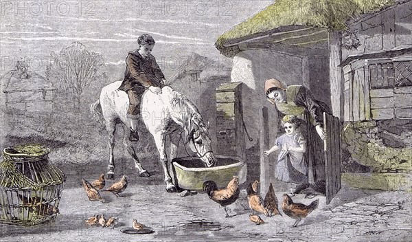 The Farmhouse Porch; Walter Goodall; Children; Horse; Chicken, 19th century, farm; white horse; drinking; chicken; mother; house; cage; wooden house; straw roof; window; crumbled wall; stable door; chicks;