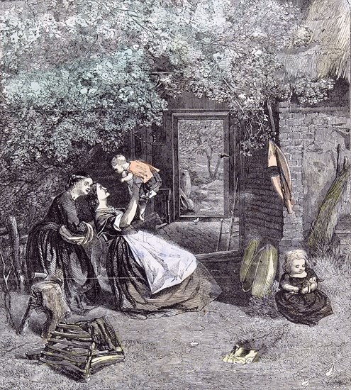 Happy Days In The Garden; Children; C.J. Lewis; 1860, spring; garden; back garden; doll; axe; wood; mother; maid; duck; ducklings; tree; leaves; greenery; straw roof; doorway;