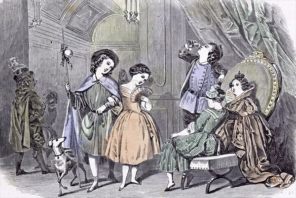 Juvenile Fancy Ball, Paris; Children; 1847, Bals Costumés; Paris; chair; drinking; wine; relaxed atmosphere; dog; fan; candles; ball room; gown; cape