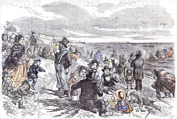 Eight Hours At The Sea-Side; J. Leech; Children; Brighton; 1856; ladies bathing; delight; fun; rowing; chattering; smoking; seaside; waves; clouds; leisure; pleasure; red hat; basket; shell; starfish; looking; rippling water; boat trip; rowing boat; mother; father; head scarf; fish; seaweed; pier; playing; seagulls; umbrella; excitement; joy; bliss;