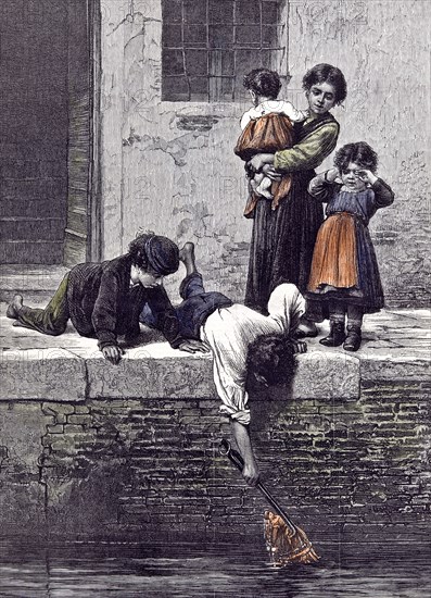 To The Rescue; L. Passini; 1878; Children, children rescuing a doll from the water; crying; river bank; mother; anxiety; anticipation; tension