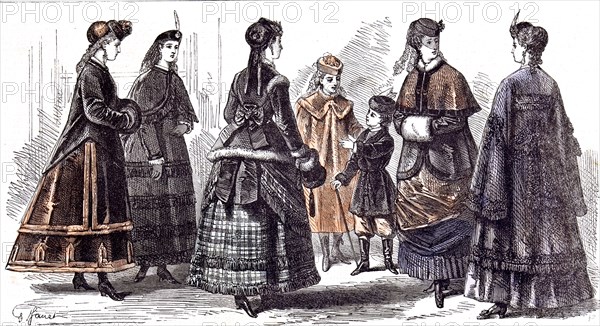 Paris Fasions For February; 1869; Janet; Child;, gathering; skirts; fashion; muff; walking stick; veil; overcoat; fur coat; ribbon; bow;