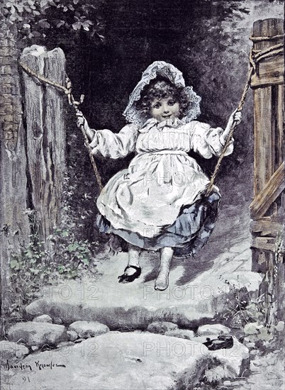 Happy As A King; D. Knowles; Child; 1892, child; skirt; curly hair; content; happy; grass; weed; shoe; stones; cobbles; gate; swing;