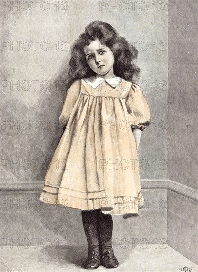 I'm Good Now; E. Patry; 1892;, girl, corner; shy; dress; white collar; puff sleeve; puffed sleeve; bushy hair;