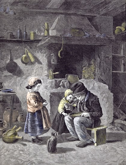 Breakfast; Children; Kitchen; Cat; 1877; , children; pots; pans; kitchen; stool; soup; spoon; hunger; hungry; clogs; fire place; chimney; bottles; coffee grinder; coffee mill; plate; coffee can; ladel; colander; cat; home; inside; interior;