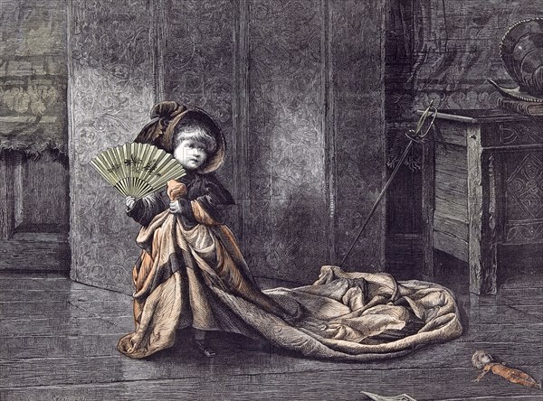 A Young Lady Of Properties; C.J. Staniland; 1878;, decorated; decorated fan; long dress; doll; cap; vanity; doll; wall rug; draught-screen; sable; sword; swashbuckling; chest furniture; interior; wooden chest; book; wooden floor;