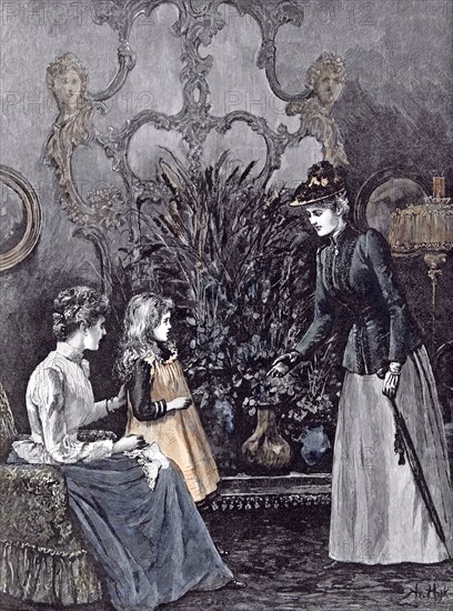 The New Governess; A. Hopkins; Child; 1892;, shy; anticipation; umbrella; skirt; black gloves; baroque interior; baroque decoration; pots; flowers; plants; mirror; sofa; handkerchief; hat; ovall silhouette; collar; under-sleeves; expectations; lad; gas lamp;