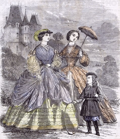 The Paris Fashions For June; Child; 1860; , parasol; full under-sleeves; tulle; child play; hat; castle;manor; tower; umbrella, appearance; play with a hoop; hoopstick; trees; clouds; velvet ribbon bow; gilt buckle; ostrich feather; chapeau; robe; embroidery; pagoda sleeves; festooned flauncing; ruching; silk; cross; crucifix; fancy costume; Russian style; round cap; narrow band; velvet; belt; gilt clasp; black leather boots;