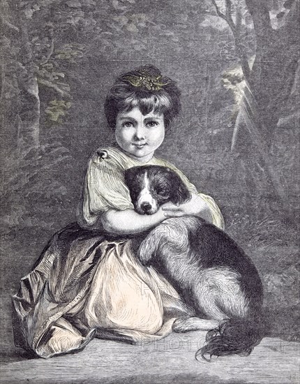 love me, love my dog. 1873, happiness; garden; little girl; pet; affectionate, darling; dear; beloved; small dog; glint of light; fur; woodland;