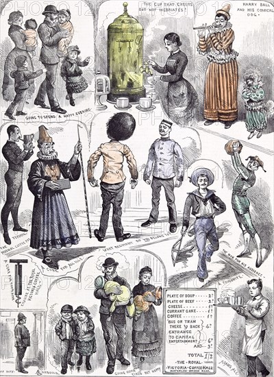 At the Royal Victoria Coffee Hall, Waterloo Road, South London, 19th century, Parents; happy evening; the cup that cheers; harry ball and his comical dog; the musical coffee pot; a cure for all ills; the man for his audience; what regiment do you belong to; off duty; going home tired but happy; flute; clown; jester; bowler hat; sailor; waiter; poodle; corkscrew; policeman; bobby;
