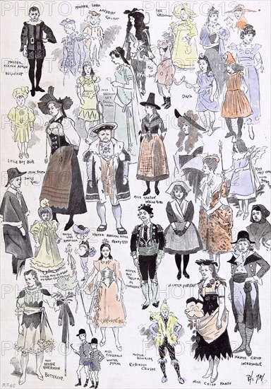 Children's fancy dress at the mansion house, 1892, mastor norman aston; arcadian gallant; kate greenaway, little boy blue; miss diamond lee; puss in boots; diana; swiss girl; welsh girl; white butterfly; kingfisher; henry VIII; a little puritan; master crisp incroyable; robinson crusoe; water nymph; miss bessie harrison; buttercup; my great-grandmother; fancy dress;