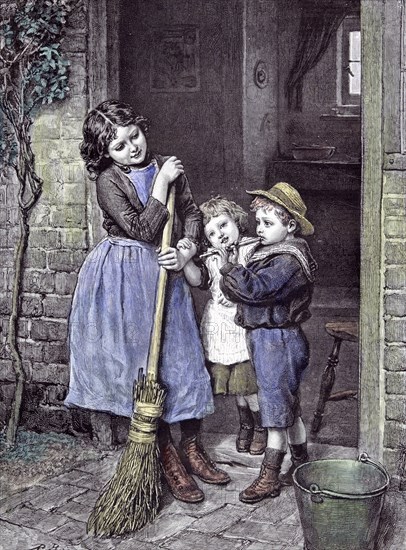 Children and the Saturday's purchase, 1891, straw hat; broom stick; headpiece; chapeau; stetson; flute; sound; fluting; bucket; door; doorstep; garden, interior; sweeping; happiness, joy, cheerful; joyful; joyous; merry, peaceful; home, better place; paradise; cheery; rosy; door way; ivy; tune;