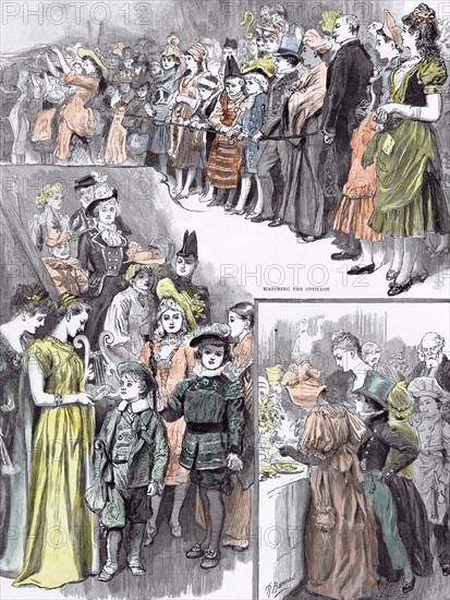 The juvenile fancy dress ball in 1891, watching the cotillon; after supper coming down the stairs; supper time; happiness; joy; straw hat; happiness; joy; cheerful; joyful; joyous; merry; paradise; cheery; rosy; hop; mingle; reception; bal costume; laughter; fun; enjoyment; delight; entertaining; fancy dess;