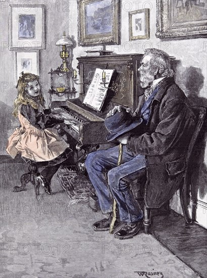 Girl at the piano in 1891, grandfather; old man; hat, walking stick; music, paintings, interior; room; oil lamp; candle; sound; play piano; sheet music; rug; fashion; singing; enjoying; happines; delight; pleasure; performance; composition;