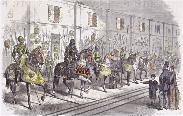 The Meyrick collection of Armour in the South Kensington Gallery, 19th century, family; parents; museum; knights; weapon; arms; horses; imposing;