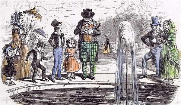 Holiday group in Hampton Court Gardens, London, 1843, holiday; fountain; break; vacation; long weekend; umbrella; fashion; fountain; water; park, town; pleasure garden; stroll in the park; family; happiness; people; couple; excursion;