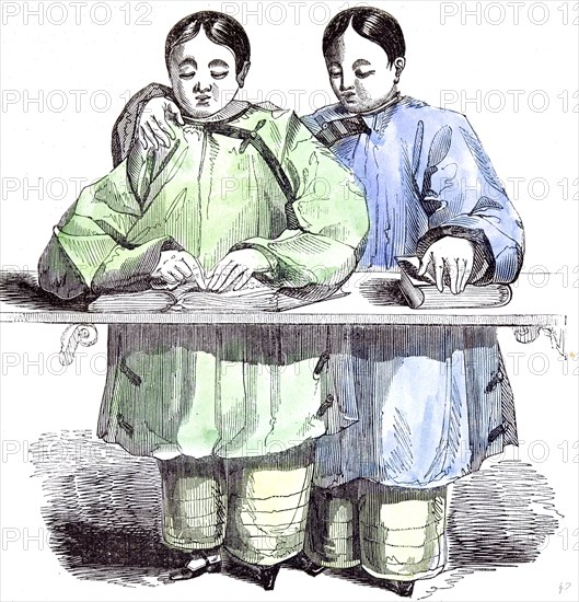 The blind chinese children, Agnes and Laura, reading the lesson, the invention of characters in relief; stenographic characters; britannic universal alphabet for the blind;