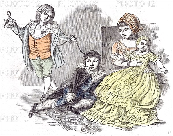 Prince Augustus Frederick in 1843, children playing; joy; fun; interior; amusing; enjoyable; merry; pleasant; doll; carpet; rope; string;