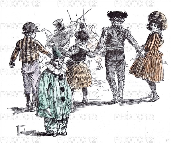 Some dresses at the children's carnival in 1892, fancy dress; fun; clown; merrymaking; merry; festival; entertainment; comedian; pierrot; picador; punch; punchinello; jolly;
