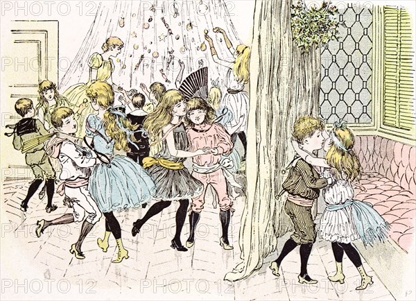 Children's affection in 1892 by Mars, kiss, interior; carnival; fancy ball; fun; joy; merry; merrymaking; embrace; dance; music; sound; smacker