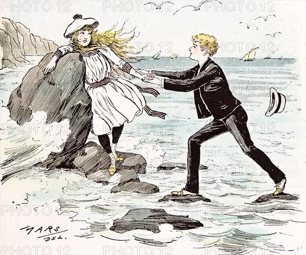 A Maiden in distress in Hastings Britain, 1892, Girls, sea side; rescue; holiday; boy; hats; sailing, travel, fashion; fear; water; alarmed; anxious; scared; terrified; worried; knight; help; aid; support; summer time; bowler hat; by Mars;