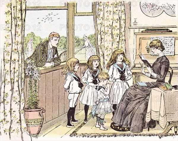 In love with the governess in Britain, 1892, by Mars, reading: piano; sheet music; books; teacher; boy; playing, garden; tennis; summer time; interior; room; affection; devotion; tenderness