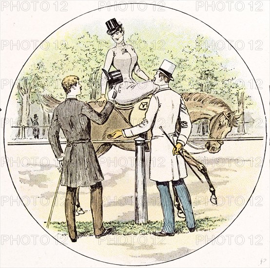 Lady on her horse in 1892, Britain, by Mars, horse riding; gentlemen; costume; fashion; hat; stick; clothing; outdoors; sport; romance; love; veil; top hat;