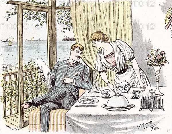 wedding anouncement in 1892 at the British seaside, love; happiness; wedding; engagement; family; children; sailing; breakfast; summertime; room; interior; flowers; vase; balcony; views; by Mars; man; woman; liszt: teapot; teacups; toast; fashion; sea;