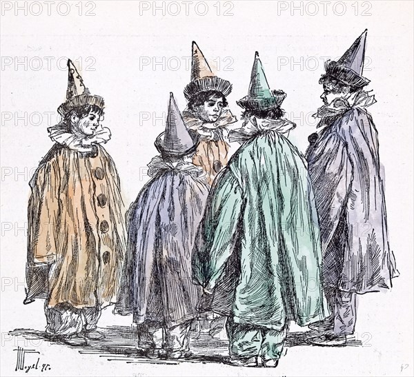 Fancy dress ball in 1892, Britain, fancy dress; fun; clown; merrymaking; merry; festival; entertainment; comedian; pierrot; picador; punch; punchinello