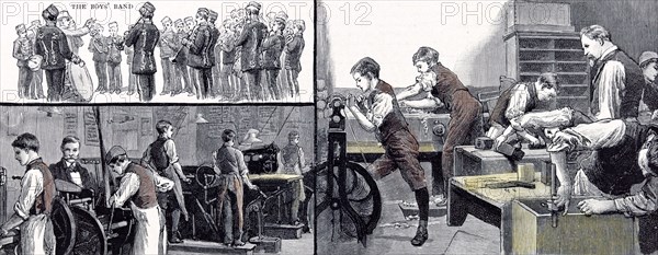 Little boy's home at Farningham, Britain, 1891. , The Printing Office and the Carpenters shop; the anniversary of the little boys home at farningham and Swanley; tools; teacher; interior; school; learning; achievement; advancement; schooling; In the Sevenoaks district of Kent in England. Near to the river Darent, south of dartford; Charles Dickens was a visitor for the trout fishing; wheel; work; detail; attention; teacher; suprivisor; teacher