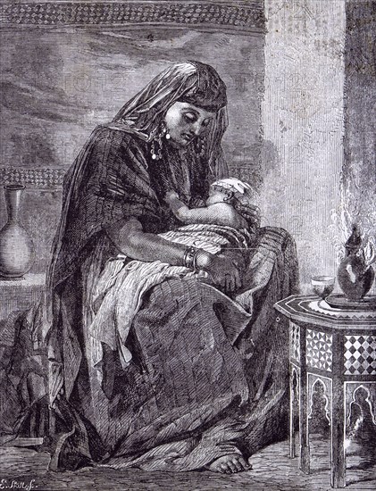 The first born baby by F. Goodall, 1862, young egyptian mother, egypt; costume of the east; Cairene mother; copt woman; from the christian or copt quarter of Cairo; long veil; black habbarah; earrings; dress with venetian sequins and other gold coins; the cap of the infant decorated with gold coins; inlaid coffee table; inlaid with ivory and mother of pearl; through the perforations of the metal vessel on the table the moke of burning perfume is escaping; common local custom of scenting apartments; divan; money constructed of a close framework of split bamboo;ma; mamma; mom; mommy; aroma; balm; bouquet; smell; fragrance; jewel; at peace; comfortable; quiet; satisfied; tranquil; serene; cozy; warm; delightful; happy; birthplace