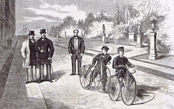 Bicycles in the garden of the Tuileries, Paris 1869, The emperor and the prince imperial in the garden of the Tuileries; bike; cycle; two-wheeler; velocipede; wheels; sport; statue; park; action; amusement; athletics; exercise; recreation
