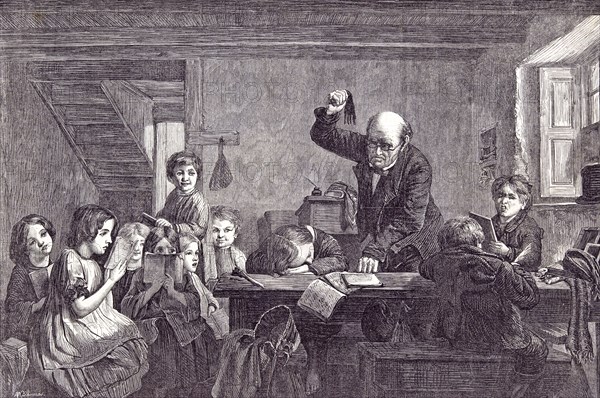 Caught napping by A.H. Burr; wake up; sleeping; reading; books; fear; fun; window; table; ink; fountain; learning; education; culture; knowledge; study; schooling; literacy; civilization; teaching, The School, the Pupils and the Teacher, 1866