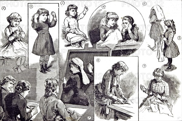 Child education, teaching needlework in 1883, infants needle drill; prepare to thread; threading; threaded; apprentices; blackboard; school