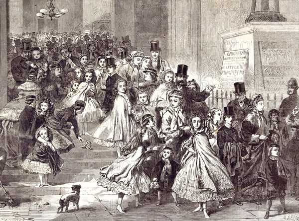 Children returning from the Christmas Pantomime, 1866, costume; dog; fancy dress; elegant; morning performance; amusement; holiday season; Drury-Lane Theatre; playhouse; audience; governesses; gratification; fresh; happy; delight; spectacle; delightful; cute; classy; appealing; lovely; wonderful; succes; triumph; little king pippin; crowd; delight; enjoyment; merriment; fun; pleasing; fun; entertainment; good time
