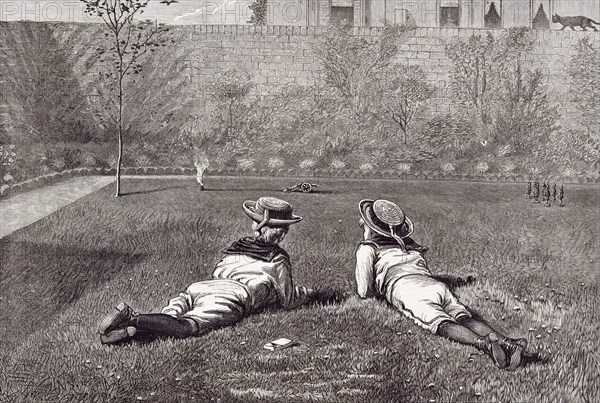 Our boys by Walter Severn, 1877, garden; wall, grass; hat; tin soldiers; tin gun; cat; scrubs; tree; matches; play; playing; war; smoke