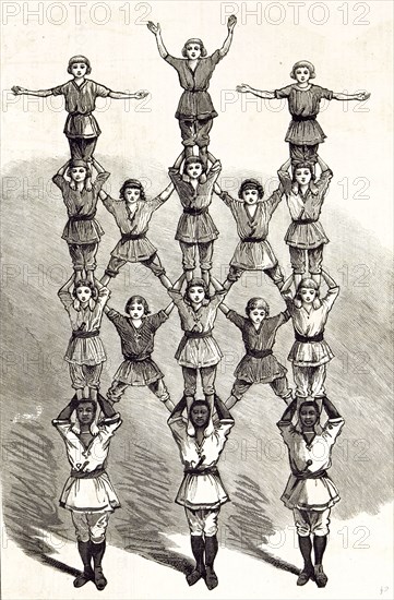 English Boys sport, 1881, English boys rescued from slavery. The Beni Zoug Zoug troupe of acrobats, athlete; gymnast; stunt man; trapezist; freedom; group; assembly; troop; crowd