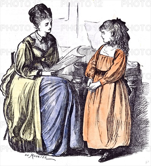 Girl and new Governess, Du Maurier, 1874, Britain, practice; holiday; piano; teaching; teacher; interior; education; at home; learning; culture; literacy; information; preparation; knowledge; reading;